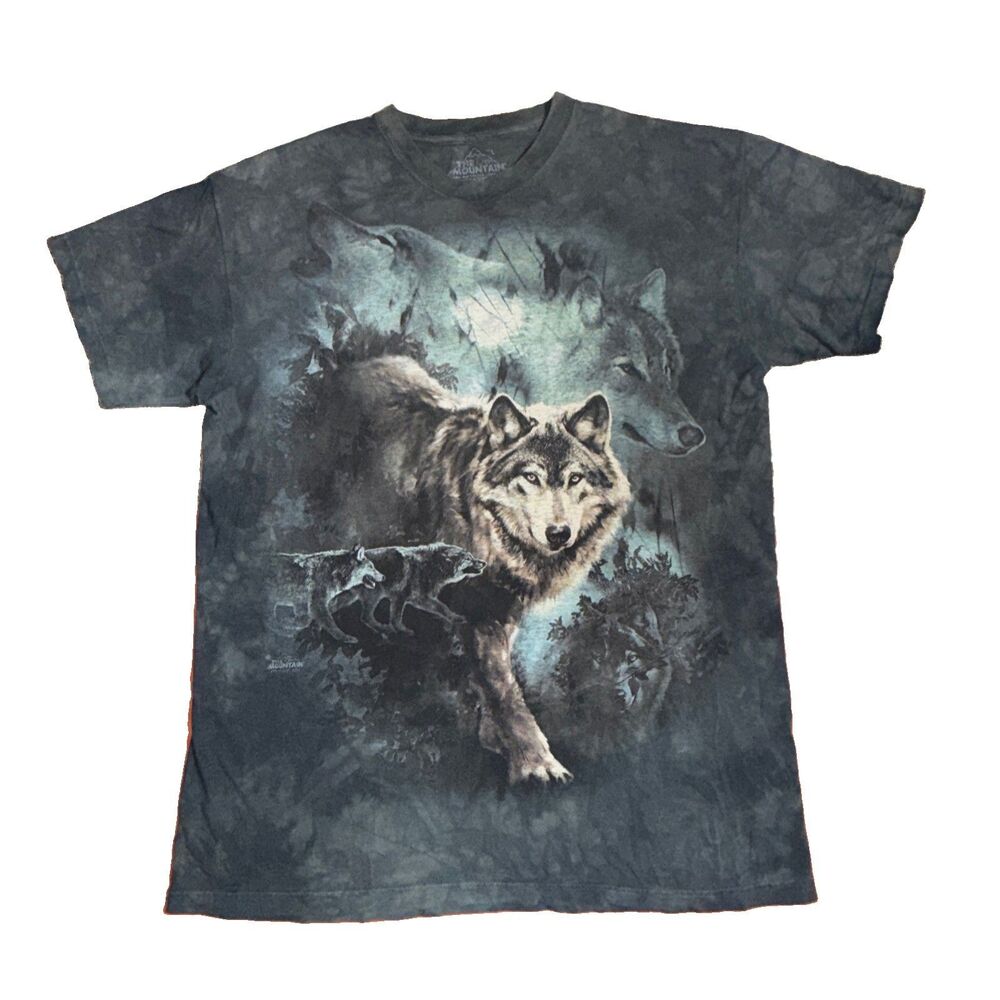 The Mountain Gray Tie Die Wolf Howling Graphic T-Shirt Size L Made in USA